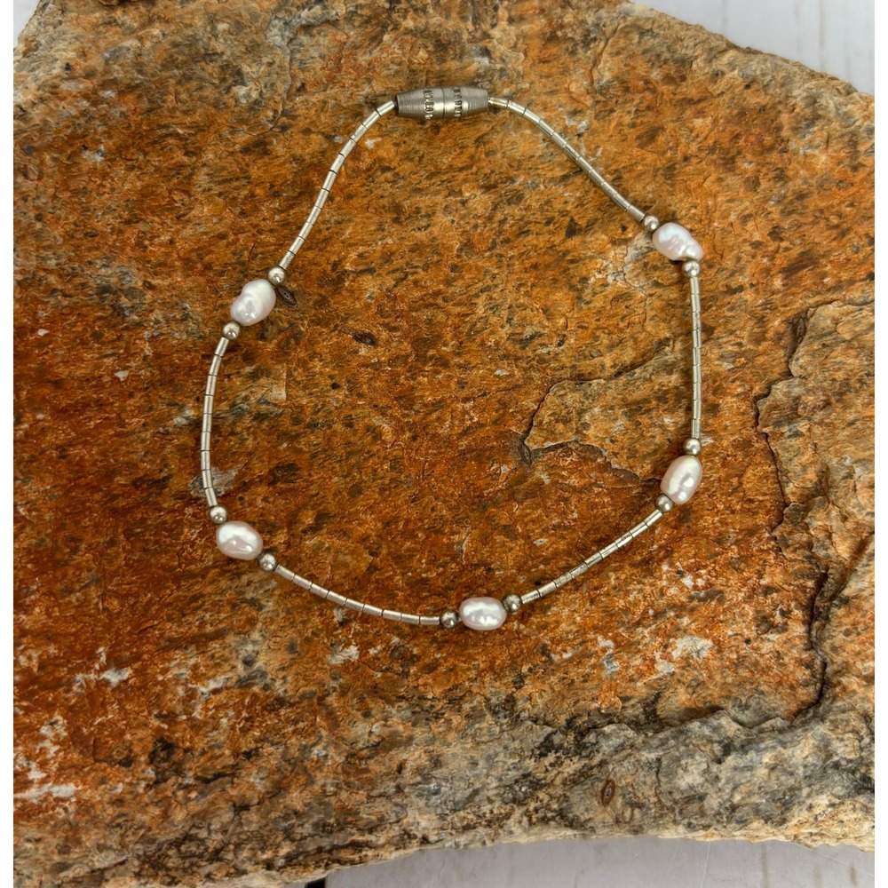 Liquid Silver Pearl Bracelet Barrel Clasp Southwestern Minimalist 6.5 Inch P176